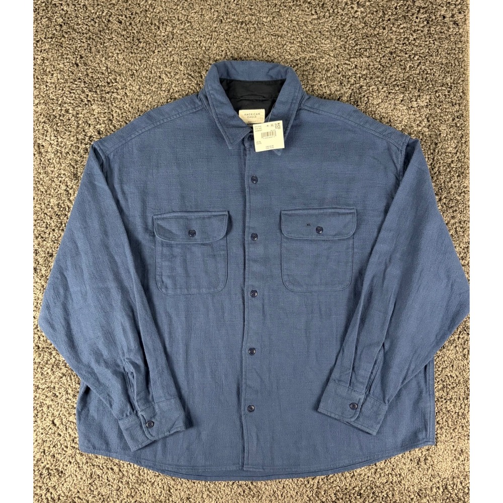 American Eagle Mens Boxy Fit Cotton Button Down Shirt Blue XL NWT 3137-400